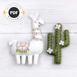 Llama and Cactus Sewing Pattern, Embroidered Felt Cactus Llama Hand Sewing Patterns, Hand Embroidery Pattern, Alpaca, Cacti, PDF SVG DFX image 1