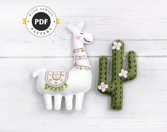 Llama and Cactus Sewing Pattern, Embroidered Felt Cactus Llama Hand Sewing Patterns, Hand Embroidery Pattern, Alpaca, Cacti, PDF SVG DFX