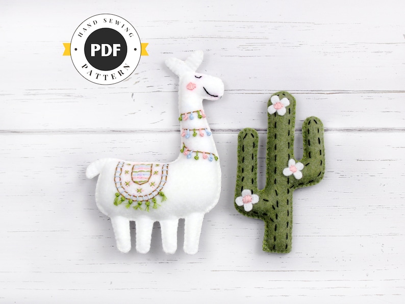 Llama and Cactus Sewing Pattern, Embroidered Felt Cactus Llama Hand Sewing Patterns, Hand Embroidery Pattern, Alpaca, Cacti, PDF SVG DFX image 1