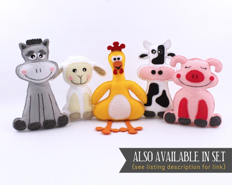 Image shows that stuffed cow pattern is available in a set including donkey, lamb, chicken, and pig