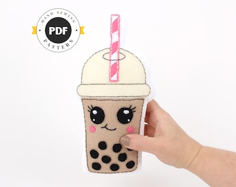 Patrón de costura de peluche de té de burbujas de fieltro: Manualidad kawaii de Boba (descarga digital)