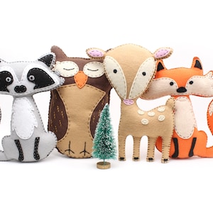 Hand sewing patterns for plush felt woodland forest animals: raccoon, owl, deer, and fox