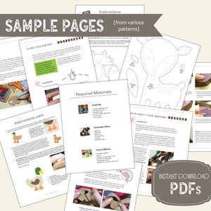 Sample pages from inside of the sewing patterns and stitch guide