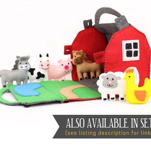 Red felt barn showing that the pattern can be purchased in a set that includes farm animal patterns