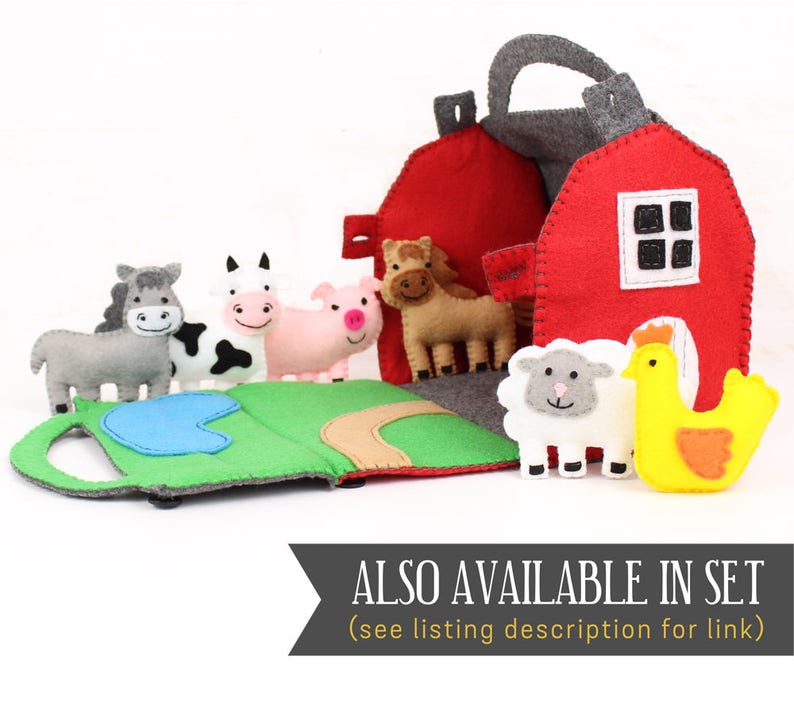 Red felt barn showing that the pattern can be purchased in a set that includes farm animal patterns