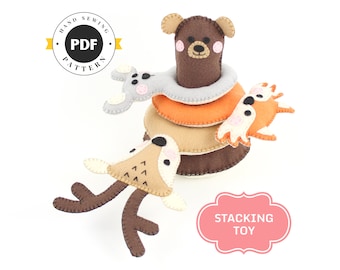 Forest Animal Stacking Toy Sewing Pattern: Felt Bear, Deer, Fox (PDF SVG DXF)