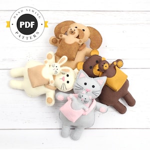 Padrões de costura de bichos de pelúcia para mães e bebês, feltro costura à mão, ursinho de pelúcia, coelho, gato, cachorro e carregadores infantis, mãe e bebê, PDF SVG DXF