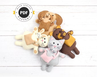 Mums and Babies Stuffed Animal Sewing Patterns, Felt Hand Sewing Teddy Bear Bunny Cat Dog and Infant Carriers, Mother and Baby, PDF SVG DXF