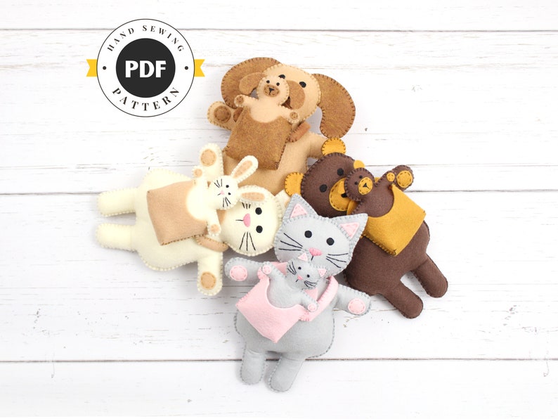 Mums and Babies Stuffed Animal Sewing Patterns, Felt Hand Sewing Teddy Bear Bunny Cat Dog and Infant Carriers, Mother and Baby, PDF SVG DXF image 1