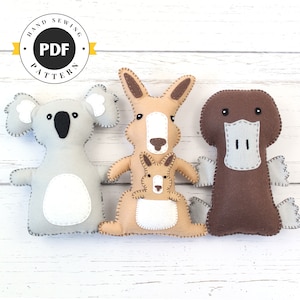 Australian Animal Sewing Patterns, Felt Hand Sewing Patterns for Kangaroo, Platypus, Koala, Plush Felt Stuffed Aussie Animals, PDF SVG DXF image 1