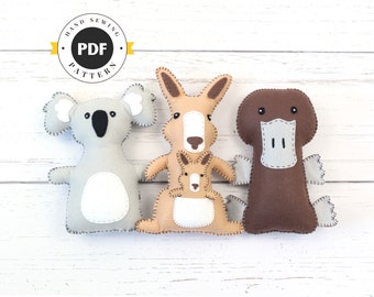 Australian Animal Sewing Patterns, Felt Hand Sewing Patterns for Kangaroo, Platypus, Koala, Plush Felt Stuffed Aussie Animals, PDF SVG DXF