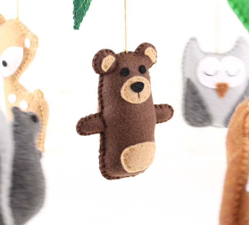 Little felt bear in hand stitched woodland forest mobile