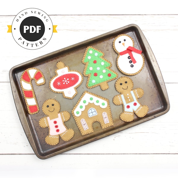 Patrons de couture de biscuits en pain d'épice, instructions pour la couture à la main des décorations d'arbre de Noël en feutre, PDF SVG DXF