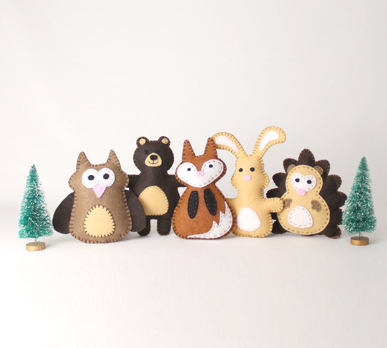 Tiny felt hand sewn animals: owl, bear, fox, rabbit, and hedgehog