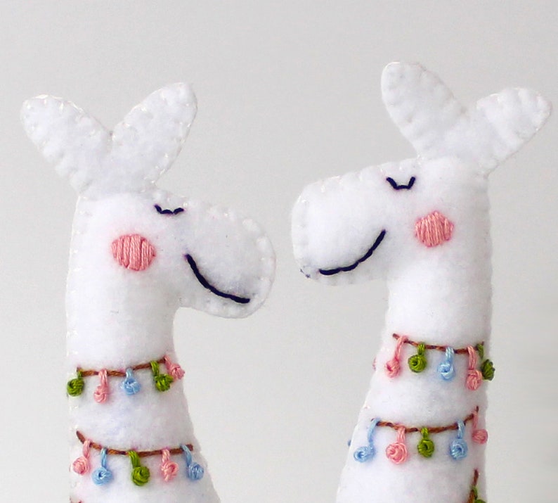 Close up of felt llama heads