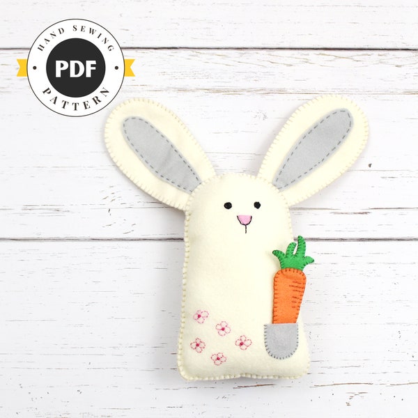 Bunny naaipatroon, vilt konijn hand naaipatroon met wortel, borduurwerk voor beginners, PDF SVG DXF