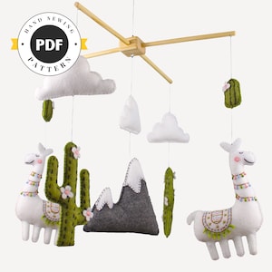 Patron de couture mobile Lama, motif de couture main décoration de chambre d'enfant lama, Mobile pour berceau en feutre, Mobile pour bébé lama et cactus, PDF SVG DFX