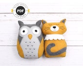 Felt Animal Sewing Patterns, The Owl and the Pussycat, Cat Hand Sewing Pattern, Felt Owl Plushie DIY, Easy Sewing Patterns Soft Toys PDF SVG
