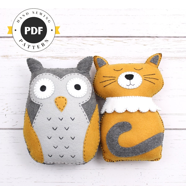 Felt Animal Sewing Patterns, The Owl and the Pussycat, Cat Hand Sewing Pattern, Felt Owl Plushie DIY, Easy Sewing Patterns Soft Toys PDF SVG