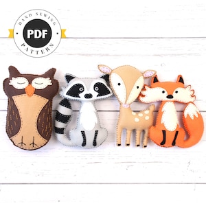 Forest Animals Sewing Patterns, Fox Owl Deer & Raccoon Felt Plushie Hand Sewing Patterns, Woodland Softies, Easy Hand Sewing PDF SVG DXF image 1