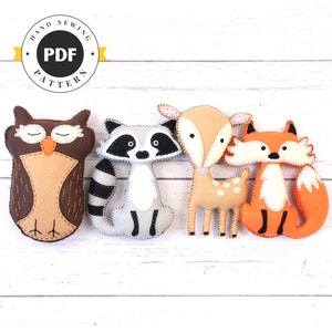 Forest Animals Sewing Patterns, Fox Owl Deer & Raccoon Felt Plushie Hand Sewing Patterns, Woodland Softies, Easy Hand Sewing PDF SVG DXF image 1