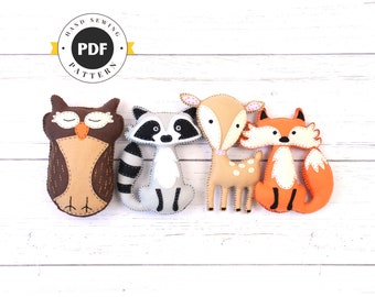 Forest Animals Sewing Patterns, Fox Owl Deer & Raccoon Felt Plushie Hand Sewing Patterns, Woodland Softies, Easy Hand Sewing PDF SVG DXF