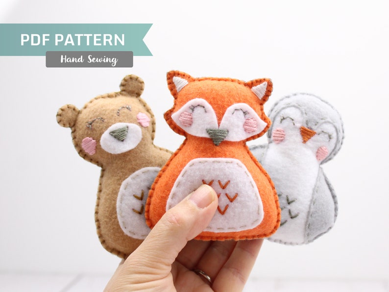 Tiny Felt Hand Sewing Patterns Baby Fox Bear & Bird Stuffed image 1