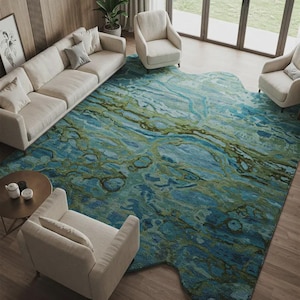Hand-Tufted Wool Area Rug: Abstract Ocean Design, Sage Green & Teal