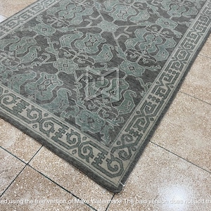 Hand Knotted Turkish Wool Rug: Green Gray Geometric Tribal Design