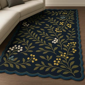 Muted Green Teal Blue Scalloped Hand Tufted Modern Floral Wool Area Rug for Living Room, Handmade 6x9 8x10 Bedroom Rugs, Custom Kitchen Rug