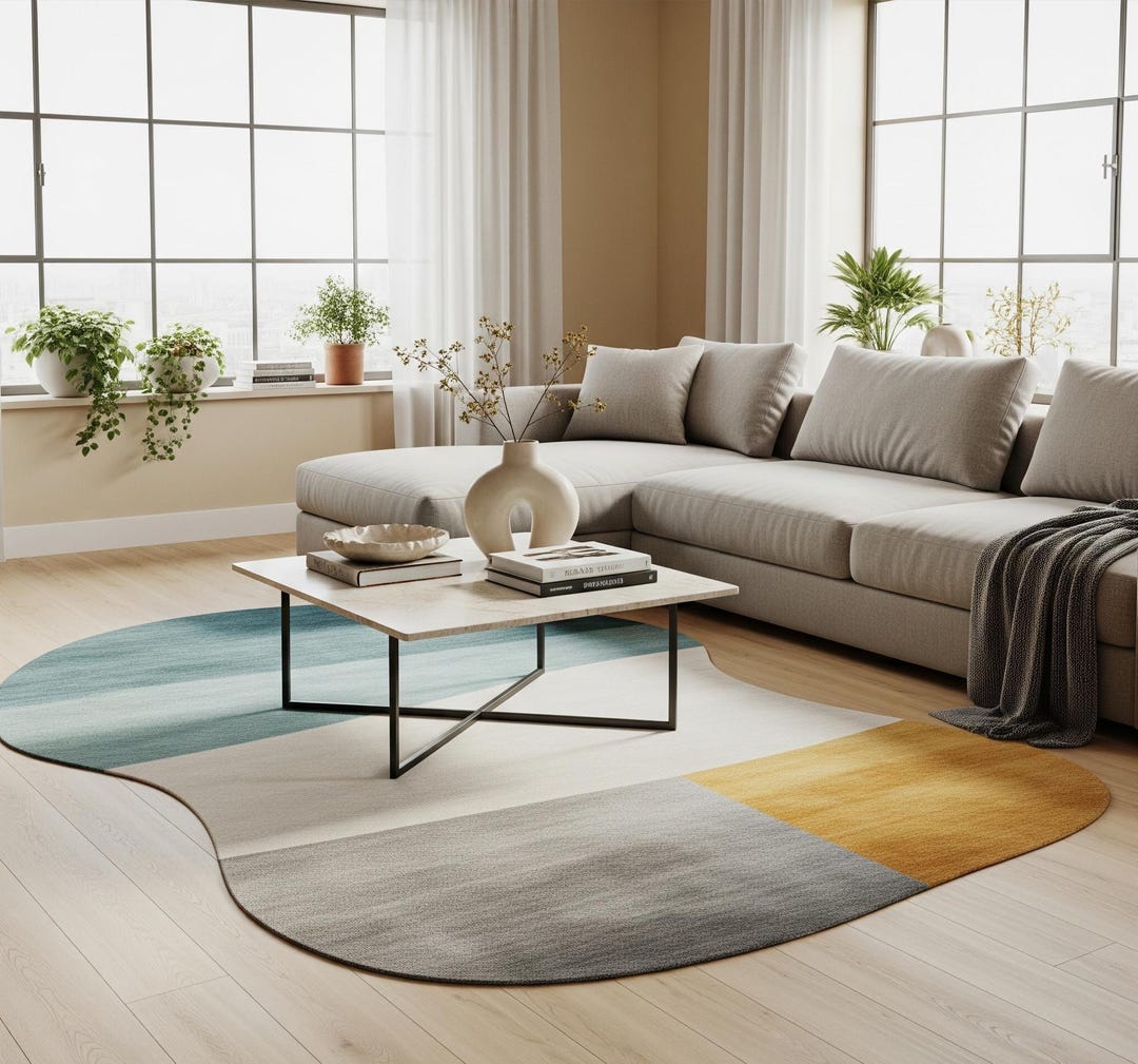 Abstract Color Block Area Rug: Modern Irregular Shape, Teal, Yellow ...