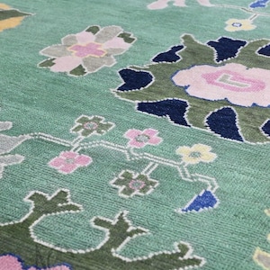 Hand Knotted Oushak Rug: 8x10 Green Turkish Wool Floral Carpet