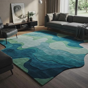 Blue Green Irregular Shape Hand Tufted Wool Rug for Living Room, 8x10 Modern Bedroom Area Rug, Abstract Handmade 6x9 Dining Room Rugs