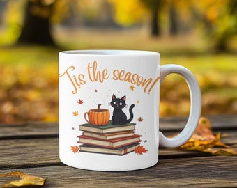 Halloween Katze & Bücher Tasse | Gruselige Jahreszeit, gemütliche Herbst-Kaffeetasse