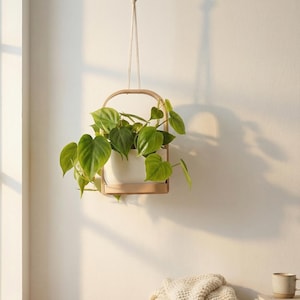 Può includere: Una pianta sospesa in un vaso bianco con foglie verdi, sospesa da una cornice di legno e una corda. Una coperta di maglia color crema poggia su una panca di legno, con una tazza e dei libri nelle vicinanze. La stanza ha una palette di colori neutri.