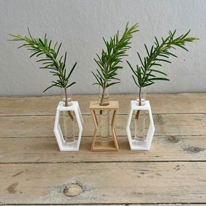 May include: Three small glass vases, each holding a sprig of green rosemary. Two vases are in white geometric holders, and one is in a natural wood-toned holder. The vases sit on a weathered wooden surface.