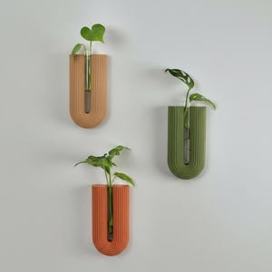 Op de afbeelding: Drie aan de muur gemonteerde, U-vormige plantenbakken in tinten oranje, groen en bruin. Elke plantenbak bevat een glazen buis met een groene plant. De plantenbakken hebben een geribbelde textuur en zijn op een witte muur gemonteerd.