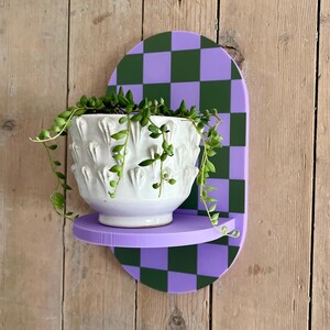 May include: A white ceramic planter with a textured design, filled with trailing green plants, sits on a purple shelf. The shelf is attached to a decorative wall-mounted piece with a checkerboard pattern in green and purple.