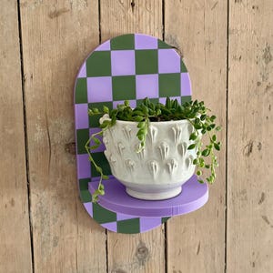 Puede incluir: Un macetero de pared con un diseño de tablero de ajedrez verde y morado. El macetero tiene un estante morado y contiene una maceta de cerámica blanca con una planta suculenta colgante. El fondo es una pared de madera.