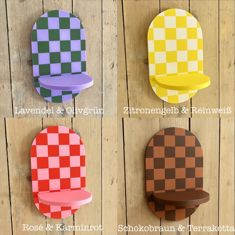 May include: Four decorative wall shelves with a checkerboard pattern in various colors: green and purple, yellow and white, red and pink, and brown and dark brown. Each shelf has a rounded top and a small, circular shelf.