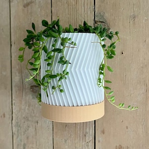 Może przedstawiać: Biała donica z geometrycznym wzorem i beżową podstawą, wypełniona zwisającymi zielonymi roślinami. Donica jest zamontowana na jasnobrązowej drewnianej powierzchni, tworząc naturalną i nowoczesną estetykę. Liście rośliny opadają kaskadowo.