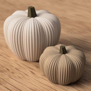 Könnte beinhalten: Zwei dekorative Kürbisse in neutralen Tönen. Einer ist cremeweiß, der andere ist beige, beide mit gerippten Texturen und dunkelgrünen Stielen. Sie stehen auf einer Holzoberfläche, was auf ein Herbst- oder Erntethema hindeutet.
