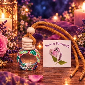 Peut inclure: Un petit flacon diffuseur de parfum pour voiture en verre rond avec un motif floral coloré, un bouchon en bois clair et un cordon de suspension doré. À côté se trouve une carte carrée blanche avec le texte Rose et Patchouli et une image.