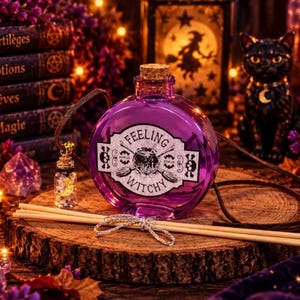 May include: A round purple glass bottle with a cork stopper, featuring a white label that reads "FEELING WITCHY" with a cauldron and broomstick graphic. The bottle has a dark leather cord attached and is accompanied by several light-coloured reed sticks.