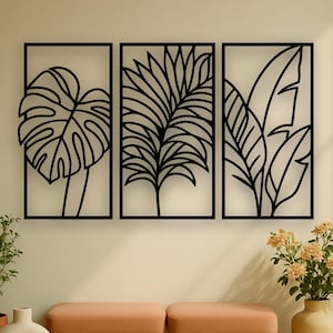 Tropical Leaf Wall Art Set: Modern Black Plywood Triptych