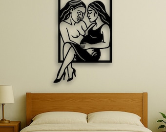 Pregnant Lesbian Couple Wood Wall Art - Minimalist Wooden Maternity Silhouette, LGBT Love & Family Wall Decor