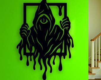 Hooded One-Eyed Figure Wooden Wall Art: Creepy Occult Decor, Gothic Wooden Hooded Figure Wall Art – Spooky One-Eyed Sculpture for Halloween