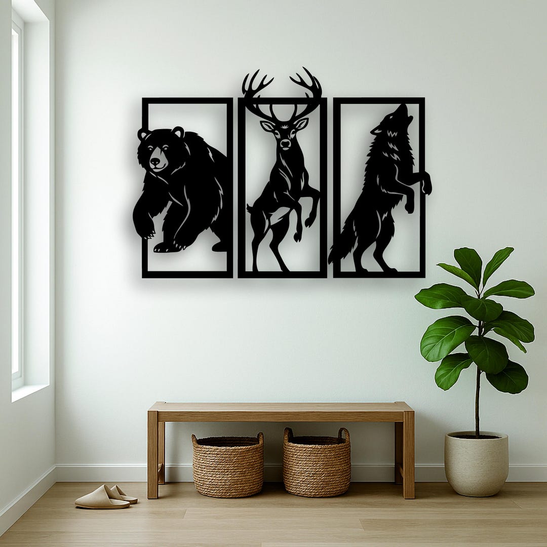 Wild Animal Wall Art Set of 3, Bear Deer and Wolf Wood Decor, Forest ...