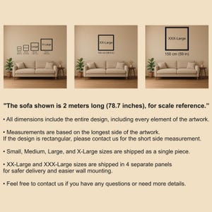 May include: Image showing artwork size options with a sofa for scale. Sizes include Small, Medium, Large, X-Large, XX-Large (100 cm / 39.4 in), and XXX-Large (150 cm / 59 in). The sofa is 78.7 inches long. Text provides details on artwork dimensions and shipping.