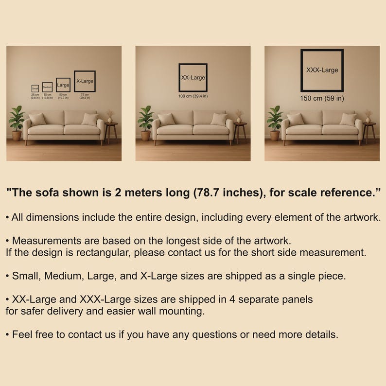 May include: Image showing artwork size options with a sofa for scale. Sizes include Small, Medium, Large, X-Large, XX-Large (100 cm / 39.4 in), and XXX-Large (150 cm / 59 in). The sofa is 78.7 inches long. Text provides details on artwork dimensions and shipping.